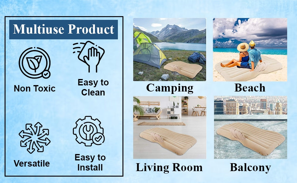 Cream Inflatable Car Air Bed Mattress with Air Pump, Two Pillow And Carry Bag